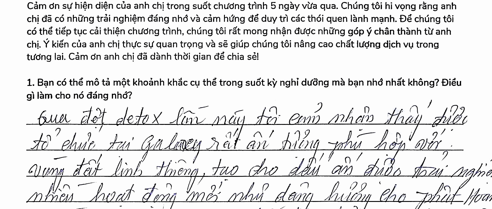 Handwritten excerpt from Phạm Thị Huyền's An Retreat feedback